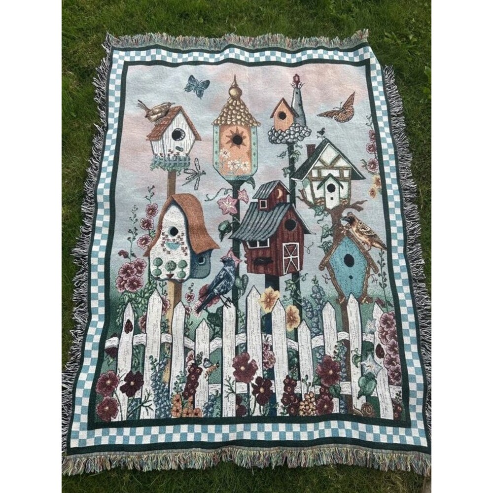 Vintage Birdhouse Woven Tapestry Blanket